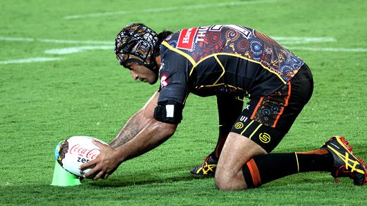 Indigenous All Stars halfback Johnathan Thurston lines up a shot at goal during the 2015 match against NRL All Stars on the Gold Coast.