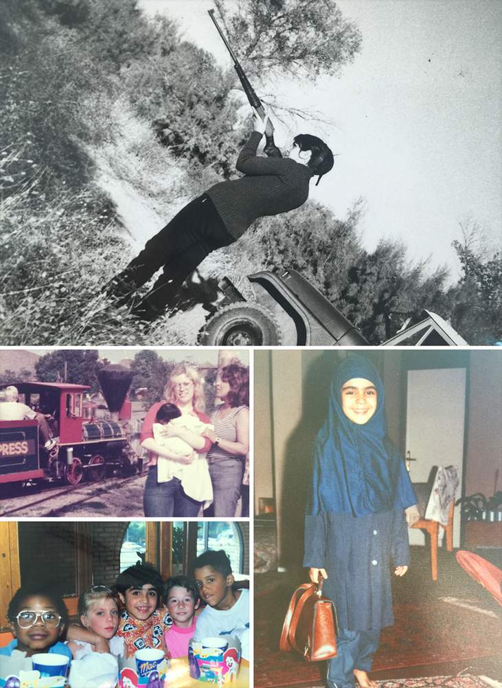 Clockwise from top: Rita's mother Zinat holds a gun in pre-revolution Iran; Rita as an Iranian schoolgirl; a birthday in Australia for Rita's brother Reza (centre); baby Rita in the US with her aunt and mother. Clockwise from top: Rita's mother Zinat holds a gun in pre-revolution Iran; Rita as an Iranian schoolgirl; a birthday in Australia for Rita's brother Reza (centre); baby Rita in the US with her aunt and mother.