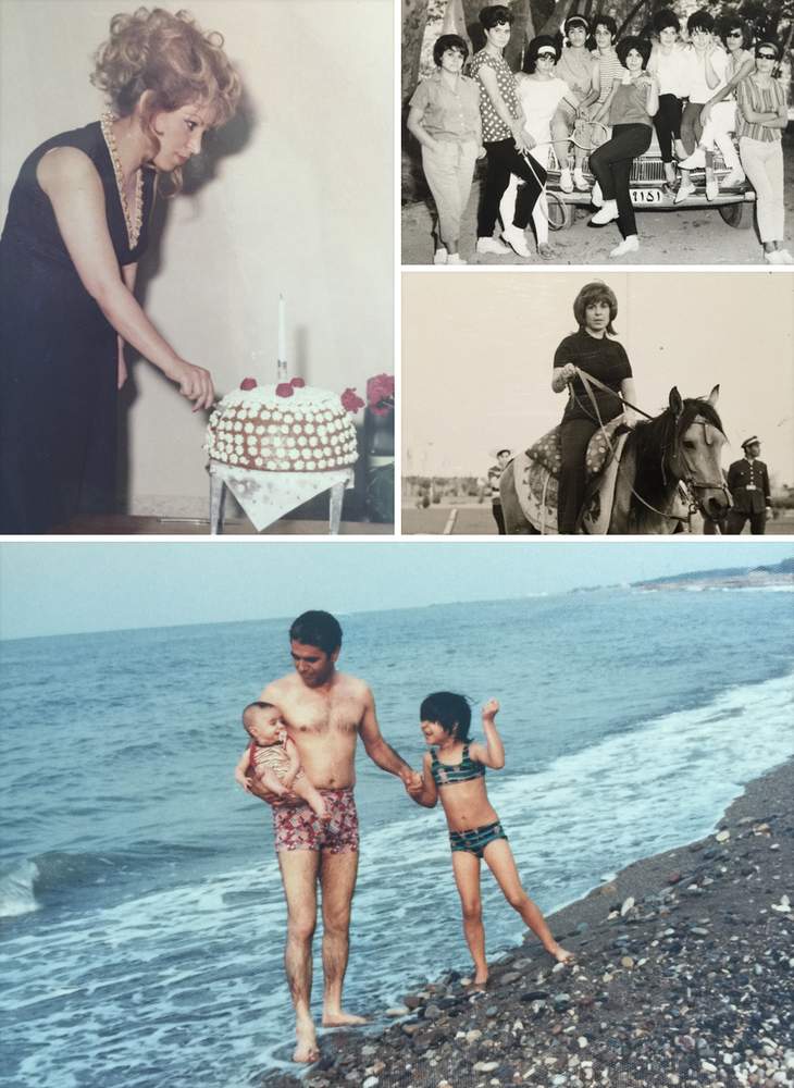 Clockwise from top left: Rita's mother Zinat cuts a cake in pre-1979 Iran; Zinat (third from left) pre-revolution with friends; Zinat on horseback pre-revolution; Rita's father James on an Iranian beach with baby Reza and Rita. Clockwise from top left: Rita's mother Zinat cuts a cake in pre-1979 Iran; Zinat (third from left) pre-revolution with friends; Zinat on horseback pre-revolution; Rita's father James on an Iranian beach with baby Reza and Rita.