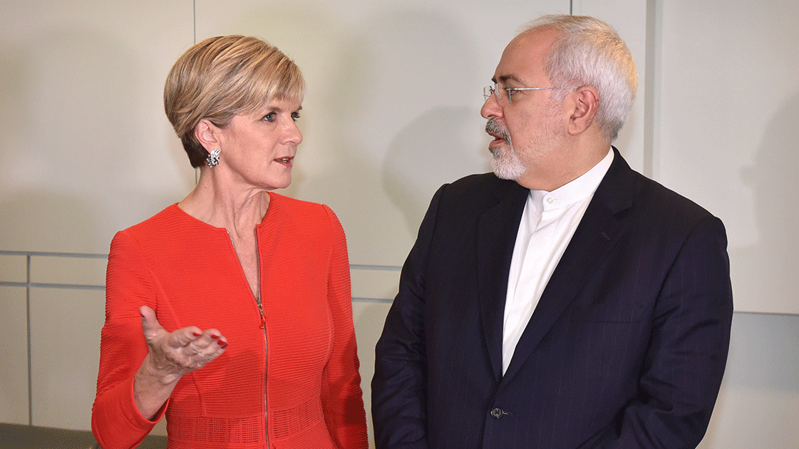 Foreign Minister Julie Bishop with Iranian Foreign Minister Javad Zarif in Canberra in March 2016. Foreign Minister Julie Bishop with Iranian Foreign Minister Javad Zarif in Canberra in March 2016.