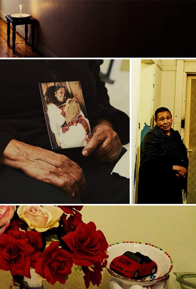 L-R from top: A candle in Tsegaye and Eshete's hallway; Eshete with a picture of Wubanchi and standing in her doorway; ornaments in the family home. L-R from top: A candle in Tsegaye and Eshete's hallway; Eshete with a picture of Wubanchi and standing in her doorway; ornaments in the family home.