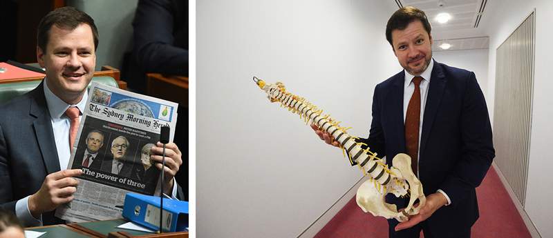 Left: Ed Husic during Question Time, November 2015. Right: Shadow Minister for Employment Services Ed Husic holds a human spine, to suggest that Prime Minister Malcolm Turnbull is spineless. (AAP Image\/Mick Tsikas)