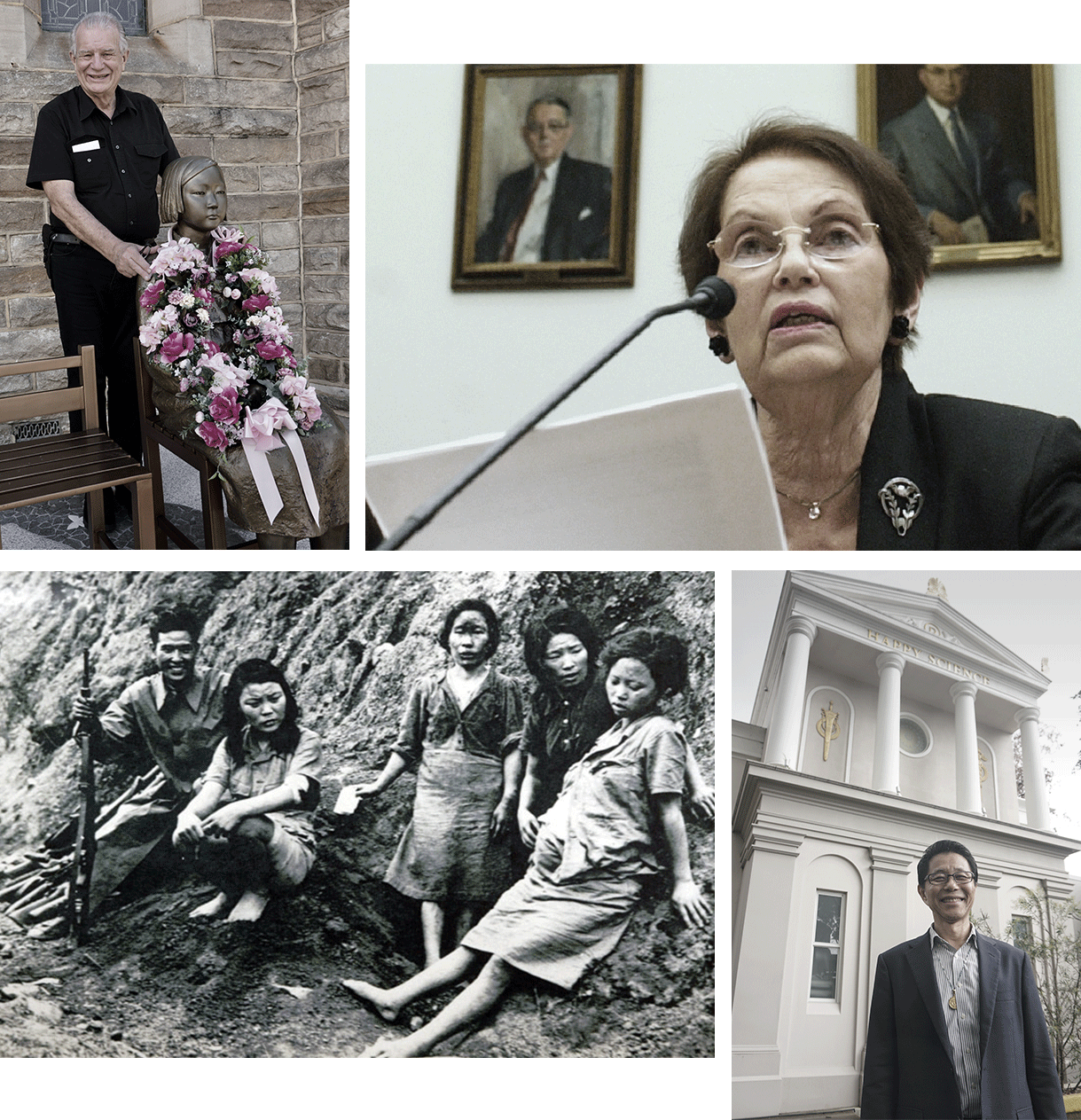 L-R from top: Rev Bill Crews with the statue at the Ashfield church (Photo: Ben Hills); Jan Ruff-O'Herne testifies in 2007 to the US House Foreign Affairs Committee in Washington (Photo: AP Photo\/Dennis Cook); four Korean ‘comfort women’ liberated at the end of WWII (Photo: US National Archives); Happy Science’s Sydney Head Minister Hironobu Sunada at his church (Photo: Ben Hills) L-R from top: Rev Bill Crews with the statue at the Ashfield church (Photo: Ben Hills); Jan Ruff-O'Herne testifies in 2007 to the US House Foreign Affairs Committee in Washington (Photo: AP Photo\/Dennis Cook); four Korean ‘comfort women’ liberated at the end of WWII (Photo: US National Archives); Happy Science’s Sydney Head Minister Hironobu Sunada at his church (Photo: Ben Hills)