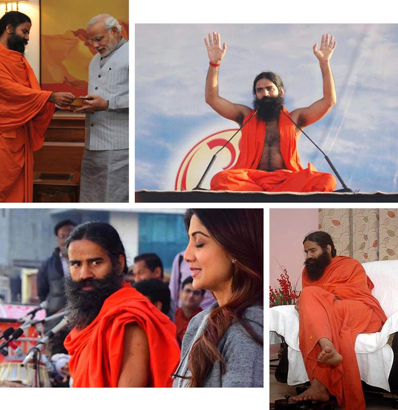Clockwise from top left: Ramdev with India's Prime Minister Narendra Modi; Baba Ramdev addresses a crowd; Ramdev with Bollywood actress Shilpa Shetty; Ramdev on TV. Clockwise from top left: Ramdev with India's Prime Minister Narendra Modi; Baba Ramdev addresses a crowd; Ramdev with Bollywood actress Shilpa Shetty; Ramdev on TV.