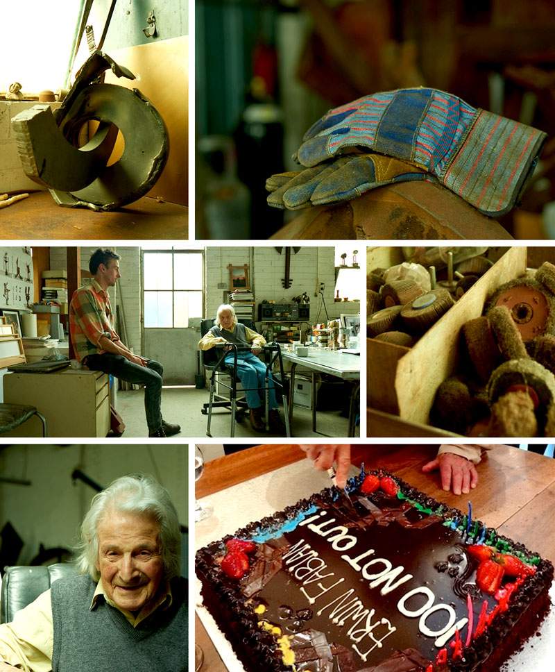Erwin Fabian with fellow sculptor Emil Toonen and scenes from their North Melbourne warehouse, and the cake made for Fabian&#39;s 100th birthday party in 2015.