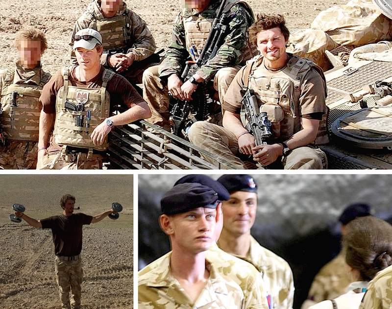 L-R from top: Prince Harry (left) with Corporal James Dunsby (right) in Afghanistan (Photo: MOD); Dunsby with weights and a pipe; Dunsby (rear) receiving a campaign medal from Princess Anne.