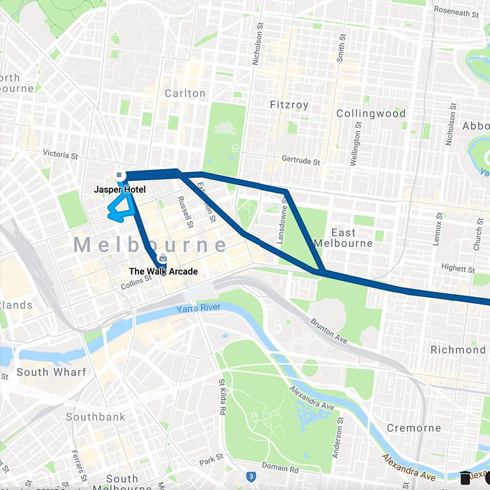Google map showing the movement of a mobile device from a user's timeline