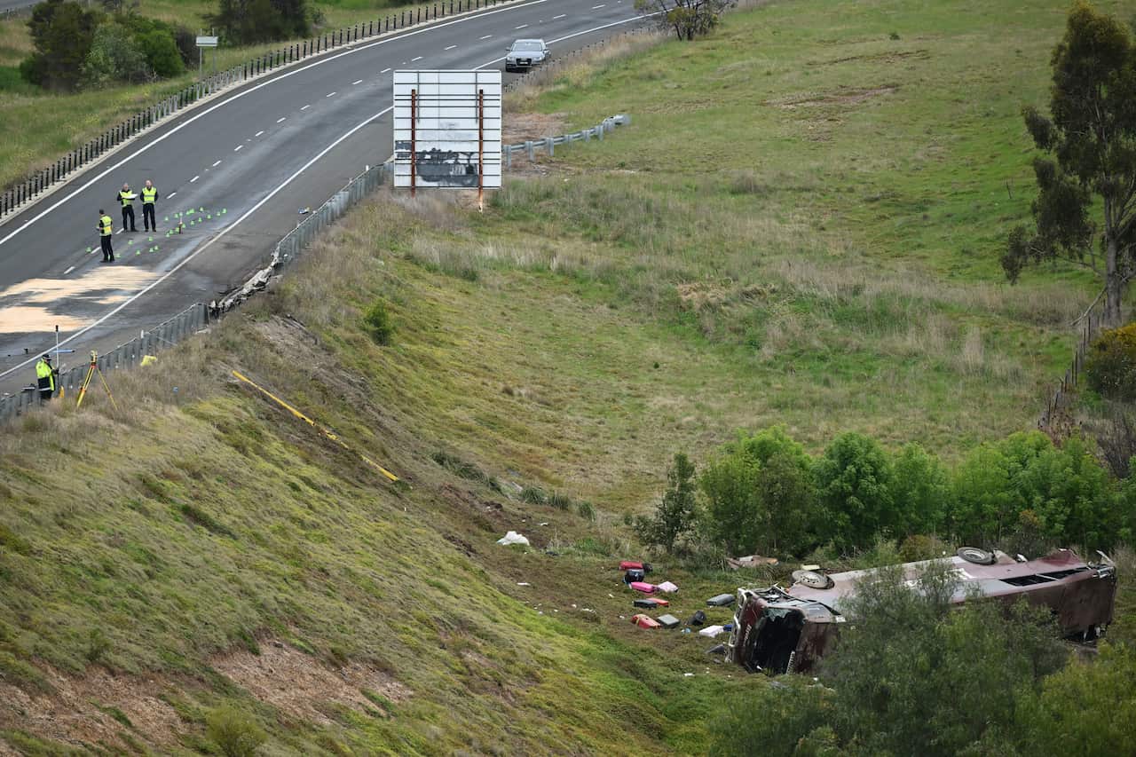 The scene of a collision between a school bus and a truck is shown in Bacchus Marsh, Greater Melbourne.