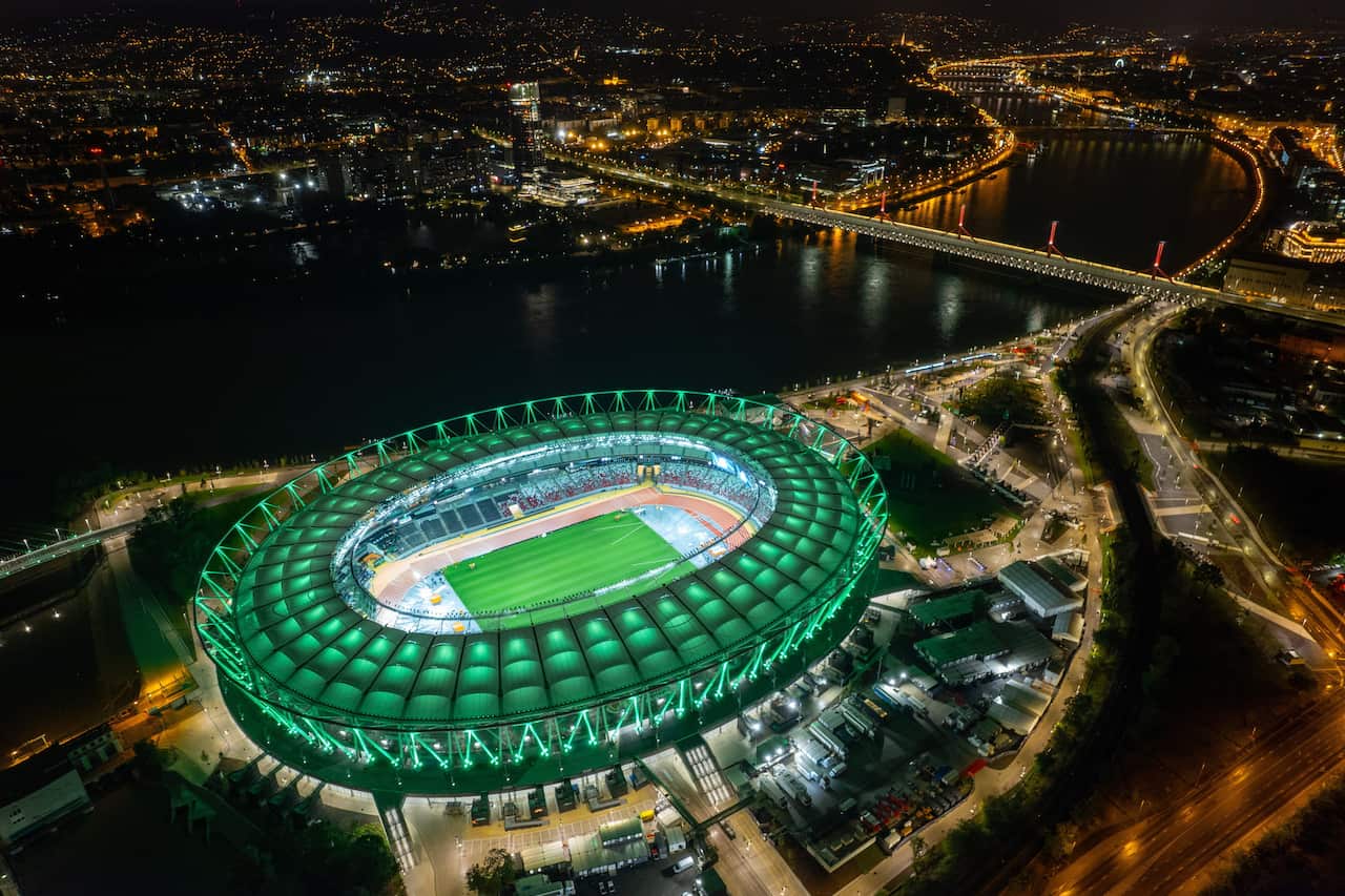The illuminated National Athletics Centre, venue of the World Athletics Championships in Budapest, Hungary