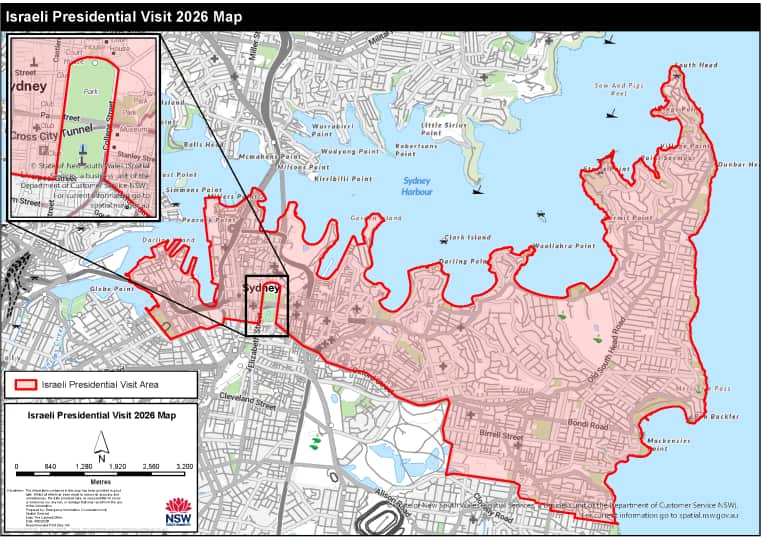 A map of Sydney with areas blocked out in red to indicate the locations covered by the Israeli presidential visit major event declaration.