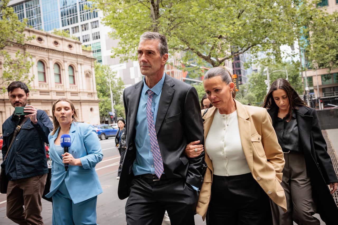 Stephen Silvagni and Jo Silvagni depart the County Court of Victoria in Melbourne