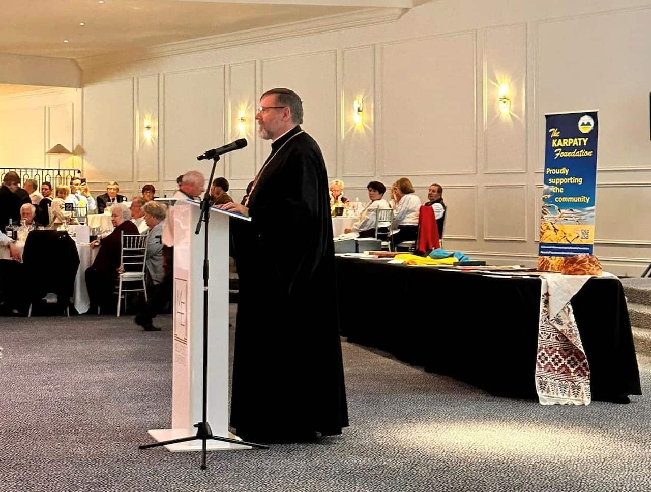  His Beatitude Sviatoslav Shevchuk (Блаженніший Патріярх Святослав, Отець і Глава УГКЦ), Father and Head of the Ukrainian Greek Catholic Church (UGCC). The Charity Lunch in Melbourne. Patriarchal Foundation “Mudra Sprava” (Wise Deed).jpg