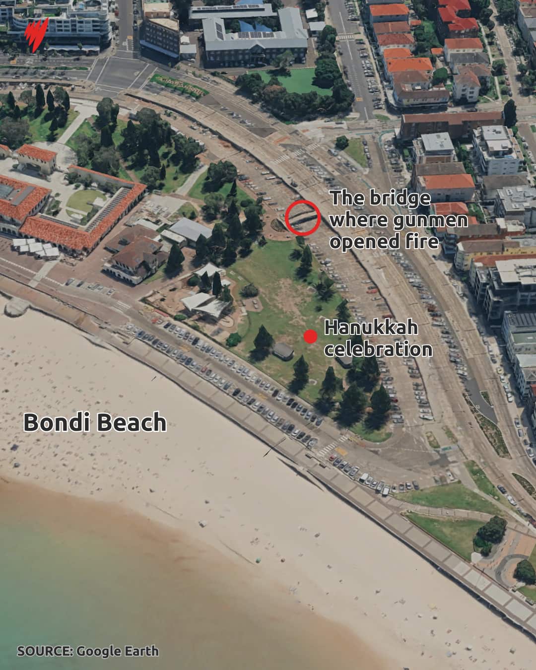 An overhead shot of a beach and its surrounds.