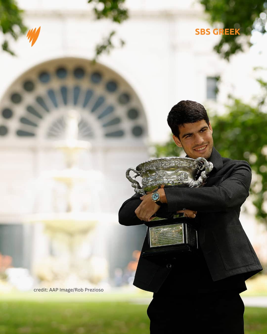 Carlos Alcaraz poses for a photograph after winning the AO 2026 men’s singles final against Novak Djokovic at the Royal Exhibition Building in Melbourne, Monday, February 2, 2026.