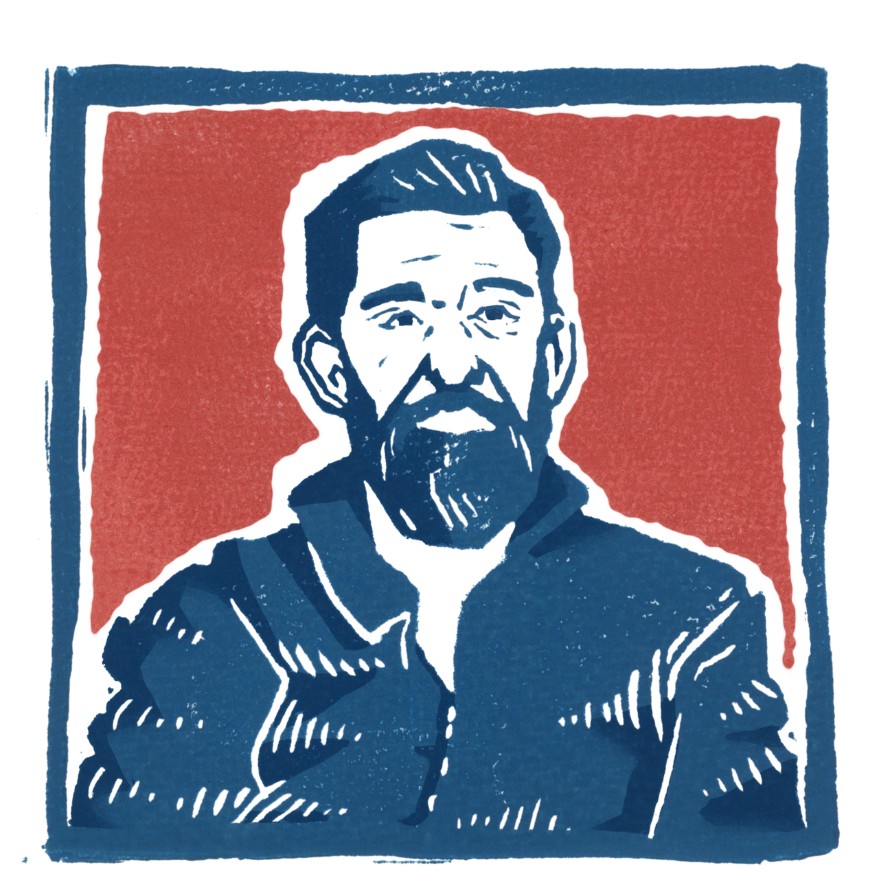 A printed portrait of a man wearing a jacket. 