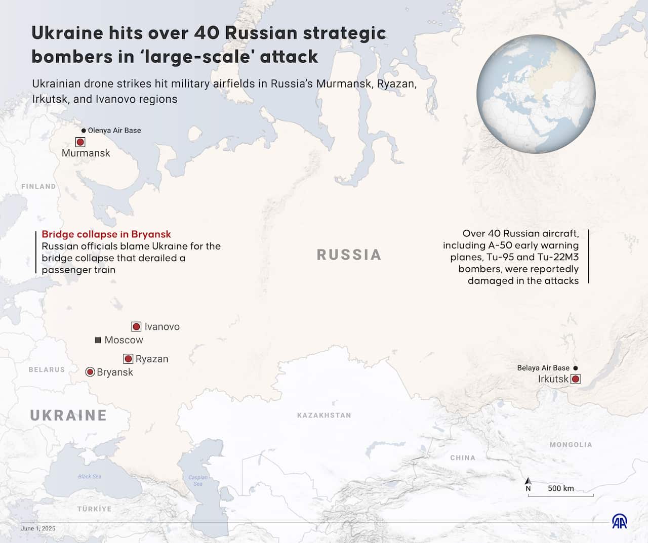 A map of Russia and surrounding states showing the locations of Ukrainian drone strikes.