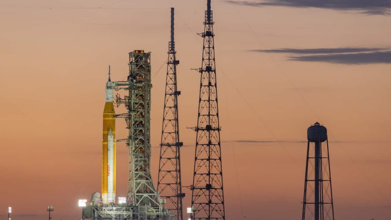 Sunset from the Atlantic Ocean NASA SLS Artemis II moon rocket on LC-39B February 11th 2026