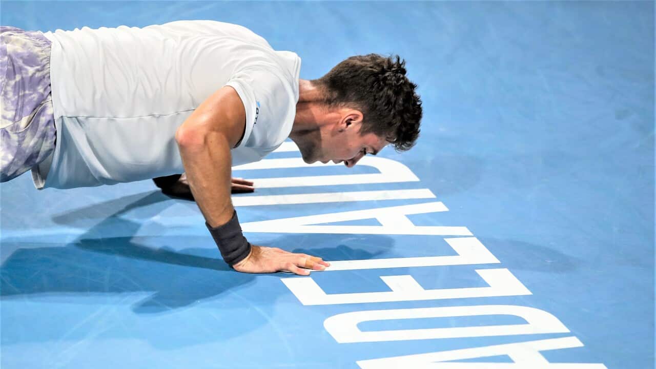 Thanasi Kokkinakis of Australia celebrates victory in his match against Arthur Rinderknech of France during the Adelaide International 2 Mens Final in Adelaide, Saturday, January 15, 2022. (AAP Image/Matt Turner) NO ARCHIVING, EDITORIAL USE ONLY