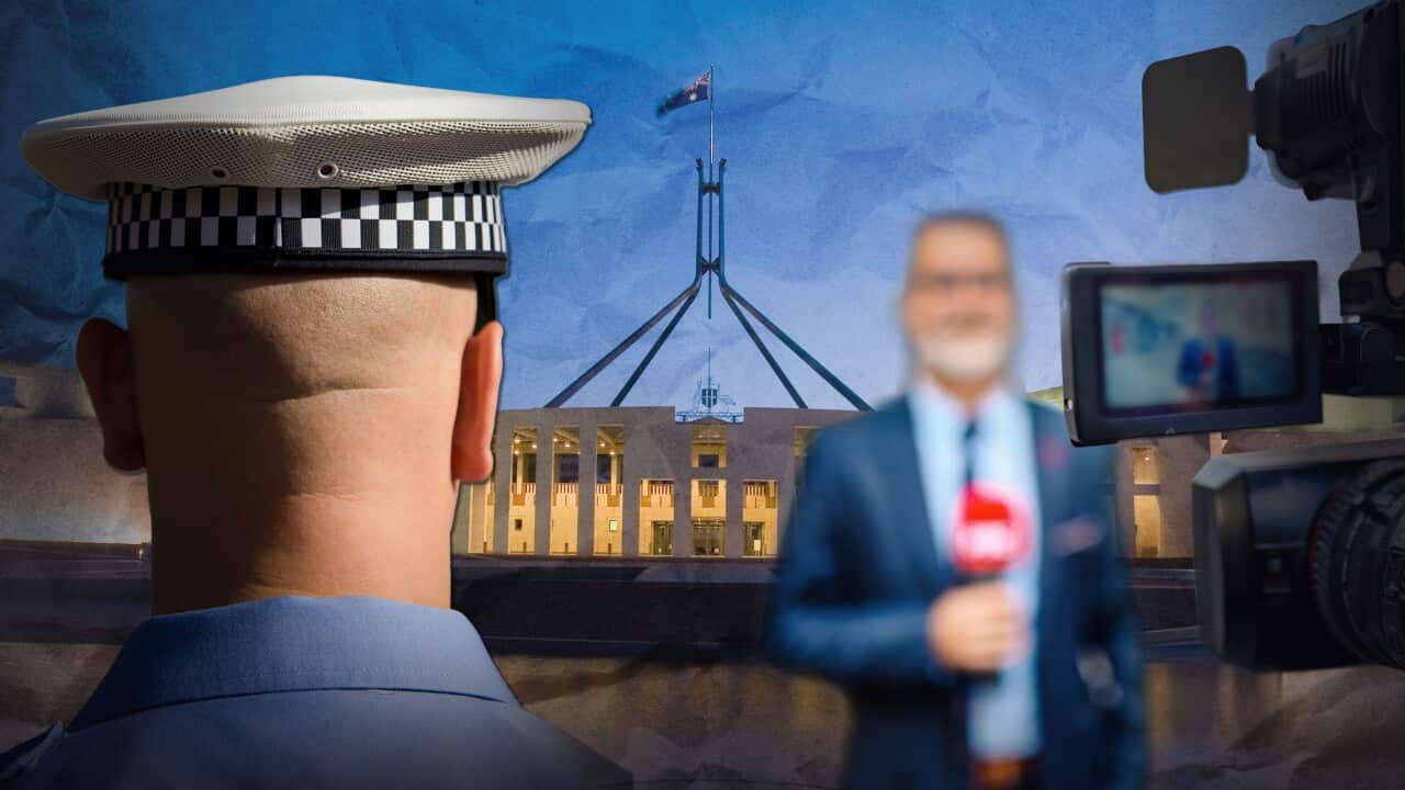 a collage shot of parliament house in the background with a blue sky, a blurry image of a faceless reporter to the right and the back of a policeman's head to the left