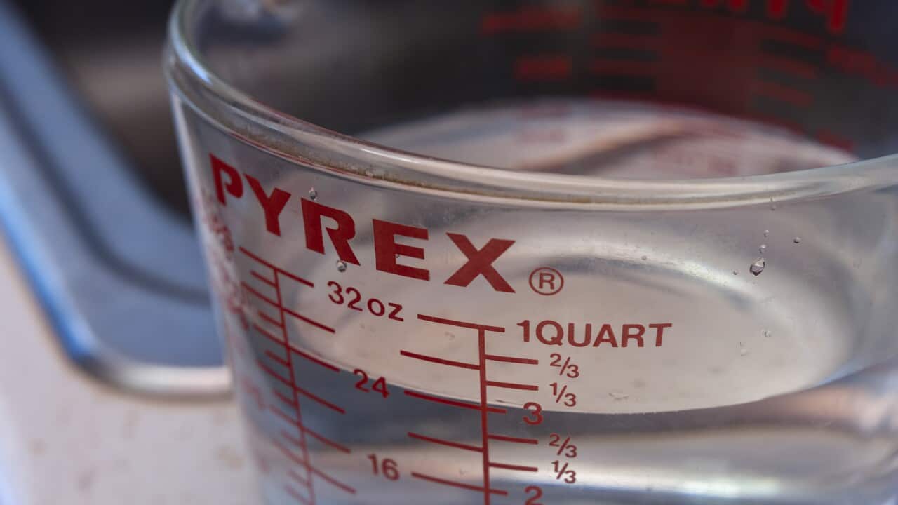 Close up of a Pyrex glass measuring jug