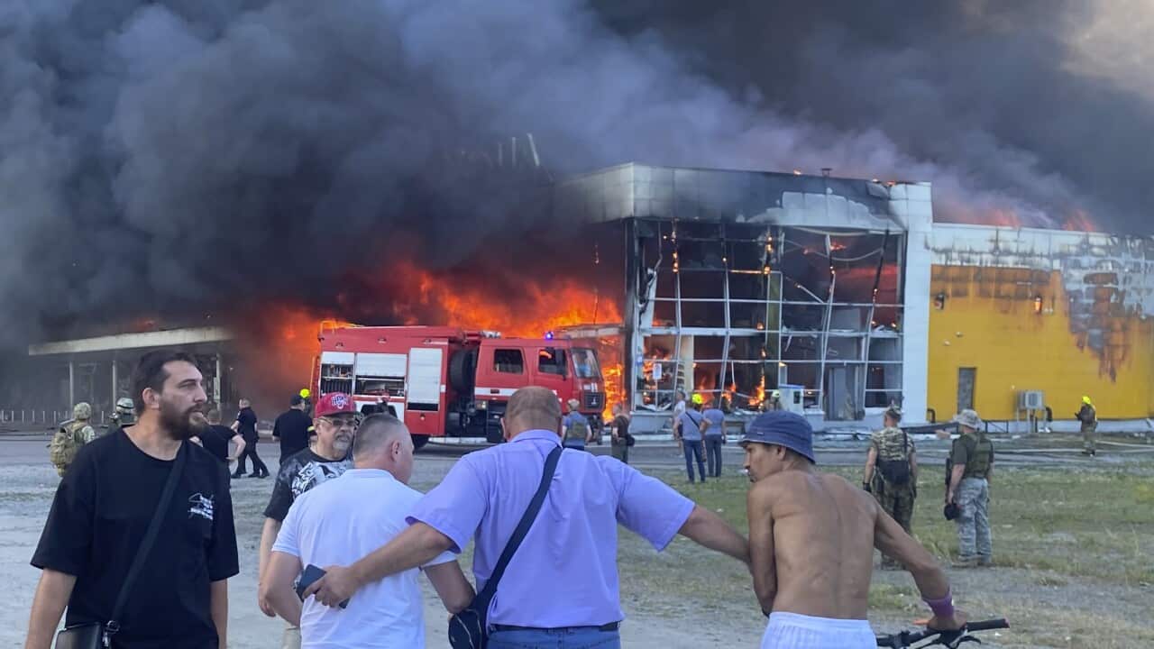 a Russian missile strike hit a crowded shopping mall, in Kremenchuk, Ukraine, Monday, June 27, 2022.