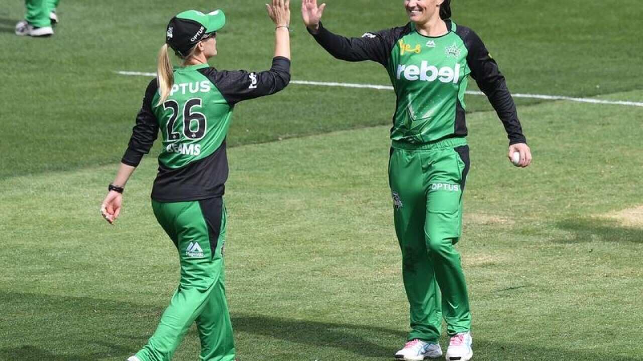 Kristen Beams (left) and Erin Osborne of the Stars celebrate