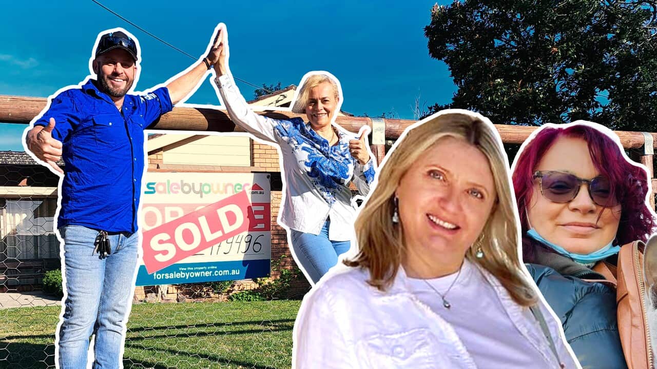 A digital graphic. It features a man and a woman smiling and high-fiving over a "sold" sign out the front of a property. It also includes headshots of two women.