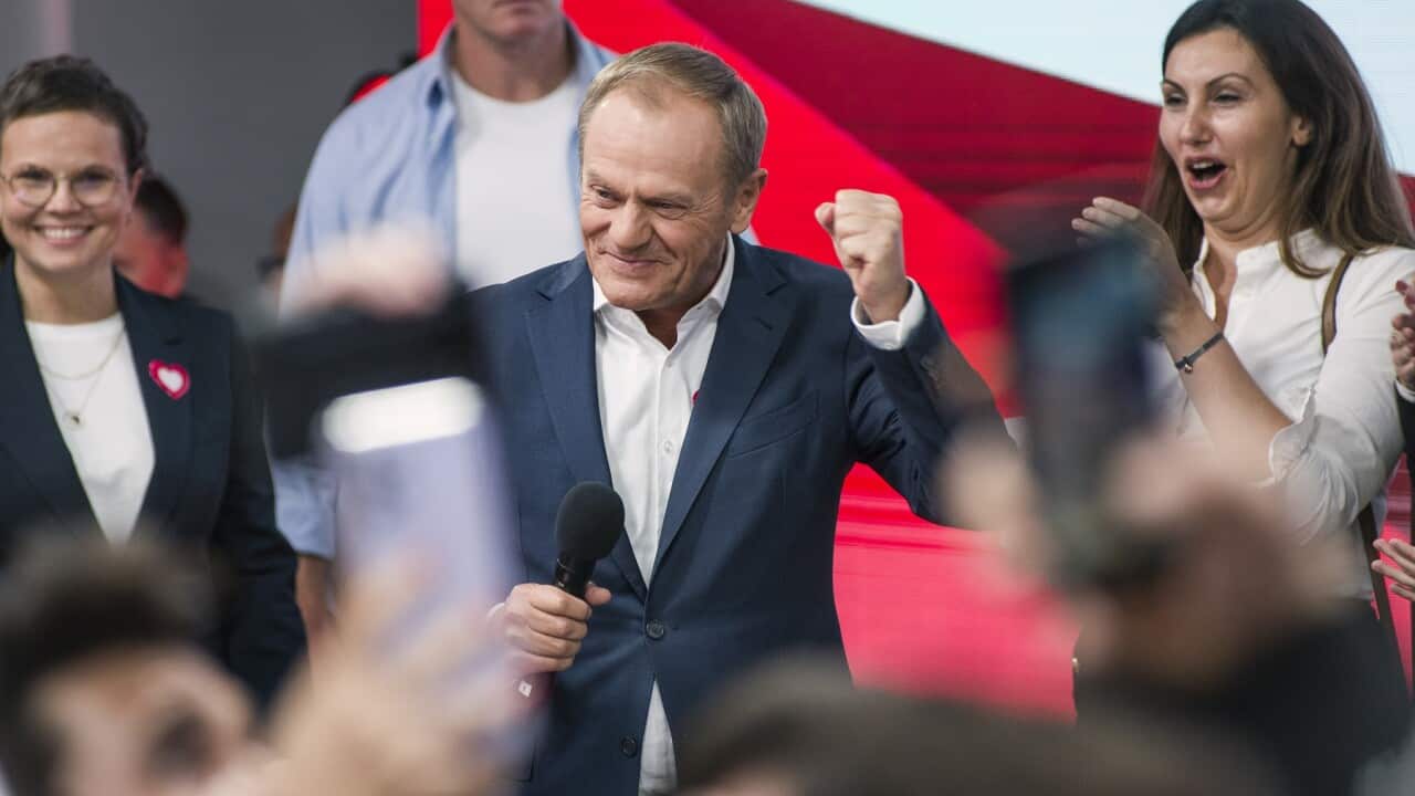 Poland's Civic Coalition's leader Donald Tusk speaks during the election night in Warsaw