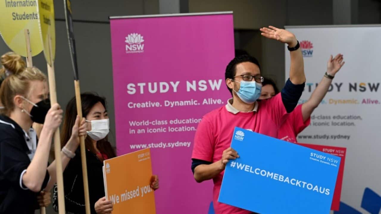 University representatives hold signs as international students part of a pilot return program arrive at Sydney Airport on December 6, 2021