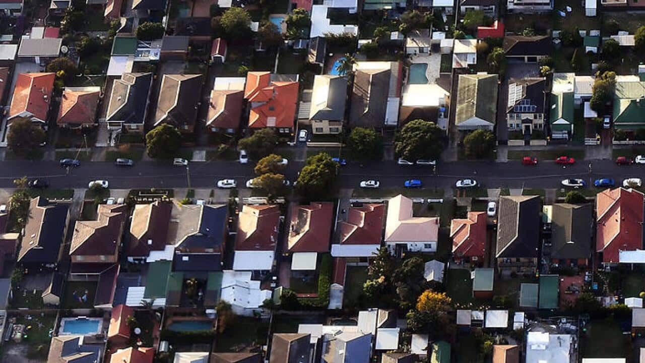 Australian homes are seen from a commercial aircraft over the Sydney suburb of Eastlakes.