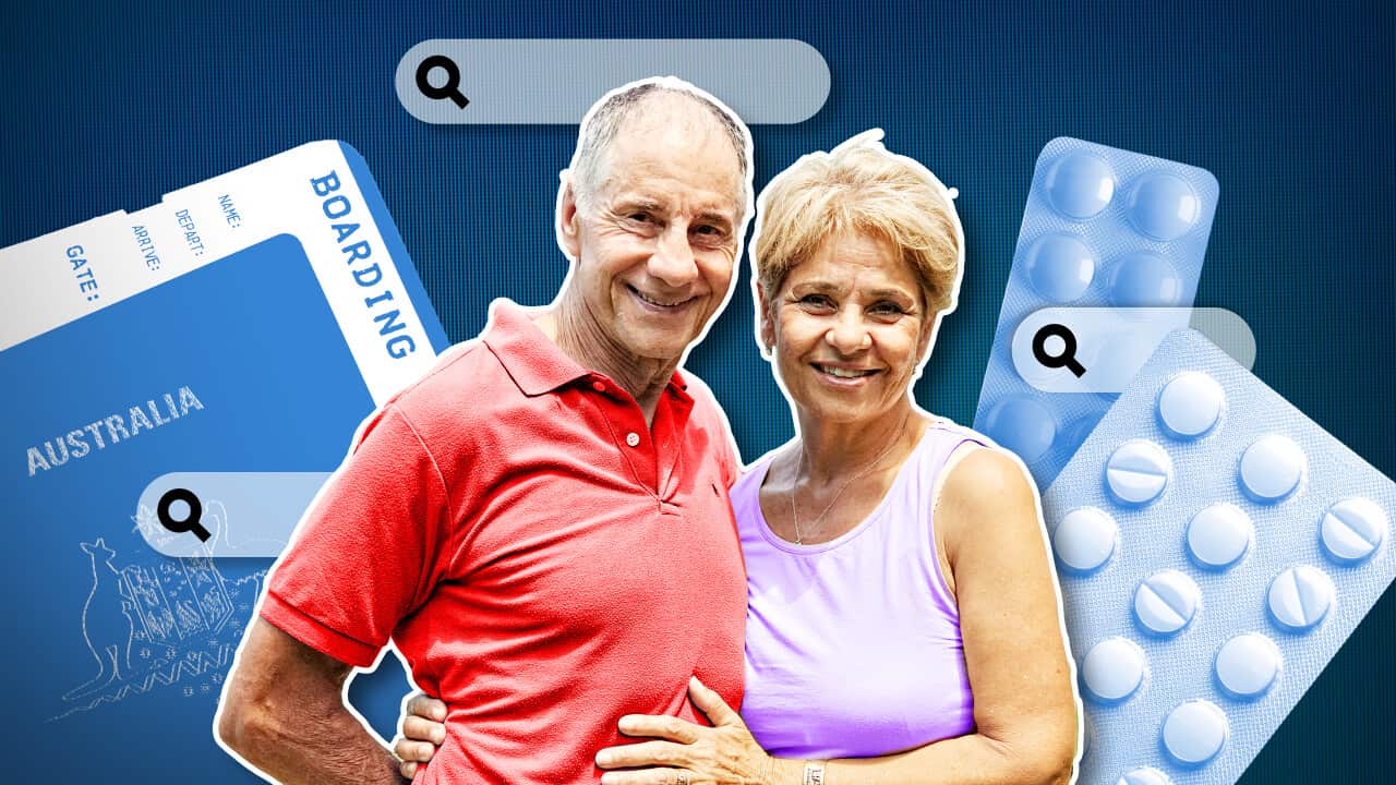 A couple standing in front of a passport and blister strip