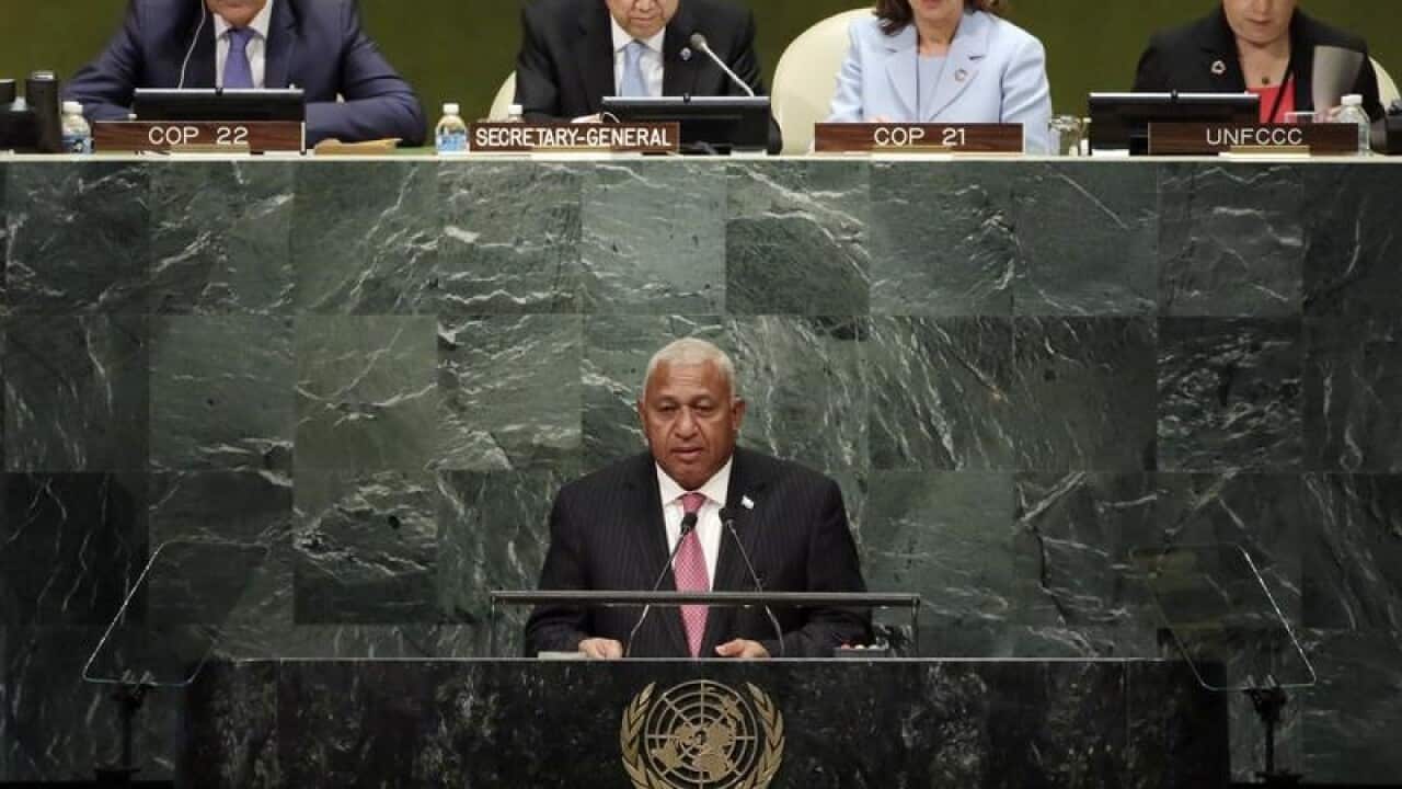 Fiji's Prime Minister Frank Bainimarama makes an addresses