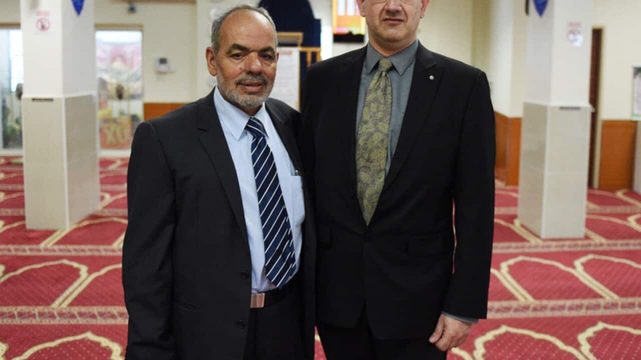 Parramatta Mosque chairman Neil El-Kadomi (left) and Jeremy Jones