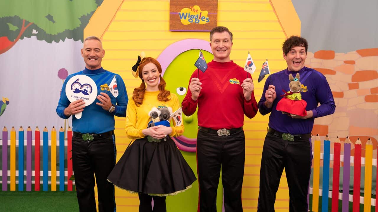 Australian children's music group the Wiggles, Anthony Field(Blue), Emma Watkins(Yellow), Simon Pryce(Red) and Lachlan Gillespie(Purple)