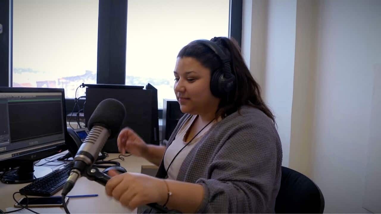 Roma Radio Dikh presenter Bettina Poscai about to start broadcasting (AP).jpg