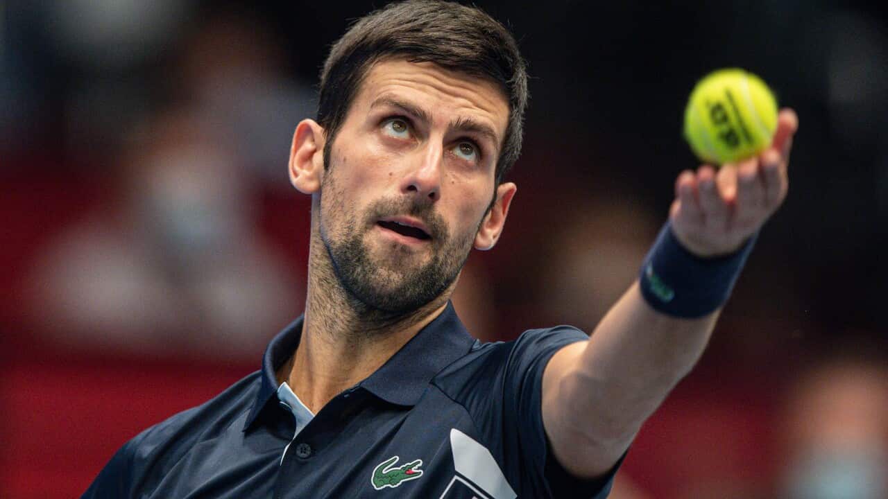 Novak Djokovic of Serbia in action during his quarter final match against Lorenzo Sonego of Italy at the Erste Bank Open ATP tennis tournament in Vienna, Austria, 30 October 2020.