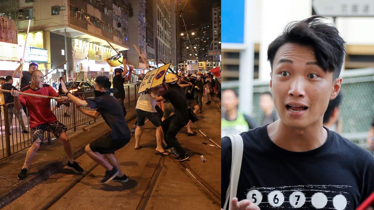 Protester Jimmy Sham (right) was assaulted by four to five people wielding hammers in the district of Mongkok. 