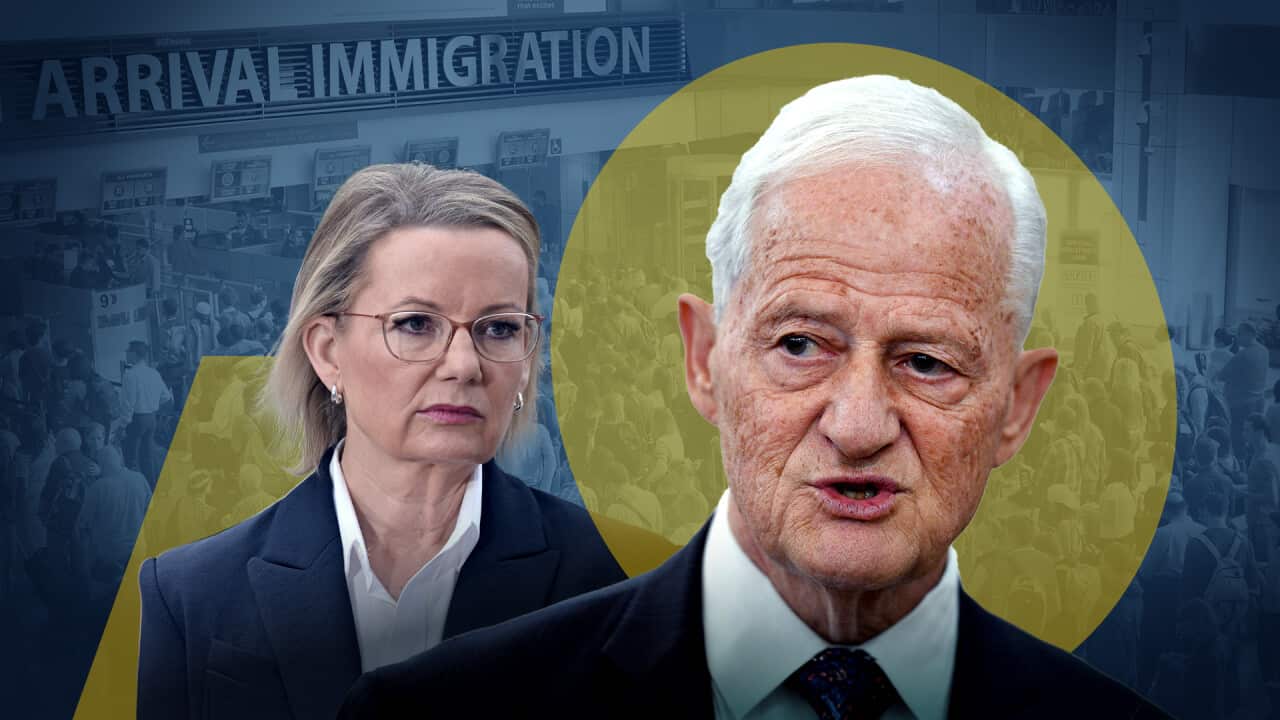 A stylised image featuring a male and a female politician in the foreground, with a faded 'Arrival immigration' sign behind them and a crowd below.