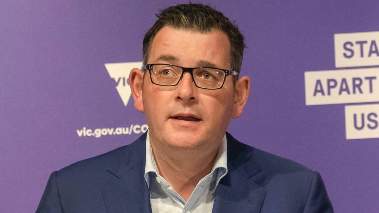 Victorian Premier Daniel Andrews speaks to the media during a press conference at Treasury Theatre in Melbourne, Saturday, June 20, 2020. (AAP Image/Luis Ascui) NO ARCHIVING
