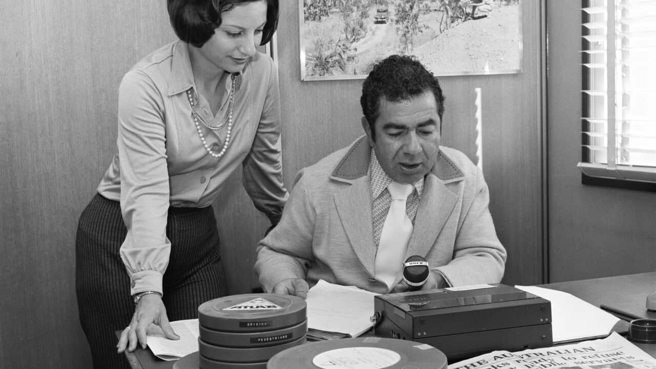 Καθαρείου Σοφία Τάκης Καλδής Greek Broadcasters, Sofia Catharios & Takis Kaldis_Nov 1975_High Quality_MUST CREDIT_National Archives of Australia.jpg