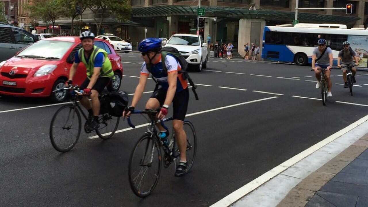 A supplied image obtained Tuesday, March 1, 2016 of cyclists during the Bicycle Networks Super Tuesday commuter bike count in Sydney.