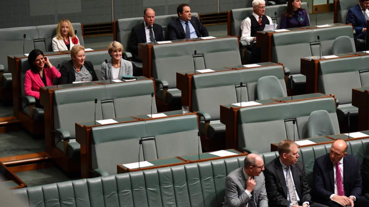 : Julie Banks, Ann Sudmalis and Julia Bishop sitting together in parliament