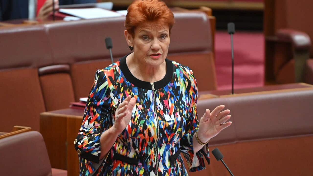 Pauline Hanson in the Senate chamber in front of a microphone.