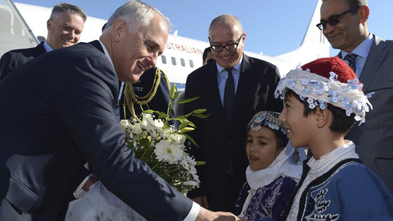 Australian Prime Minister Malcolm Turnbull, left