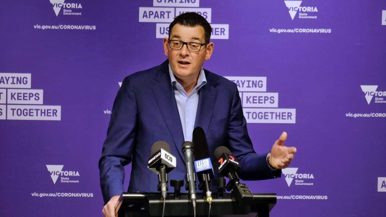 Victorian Premier Daniel Andrews speaks to the media during a press conference at Treasury Theatre in Melbourne
