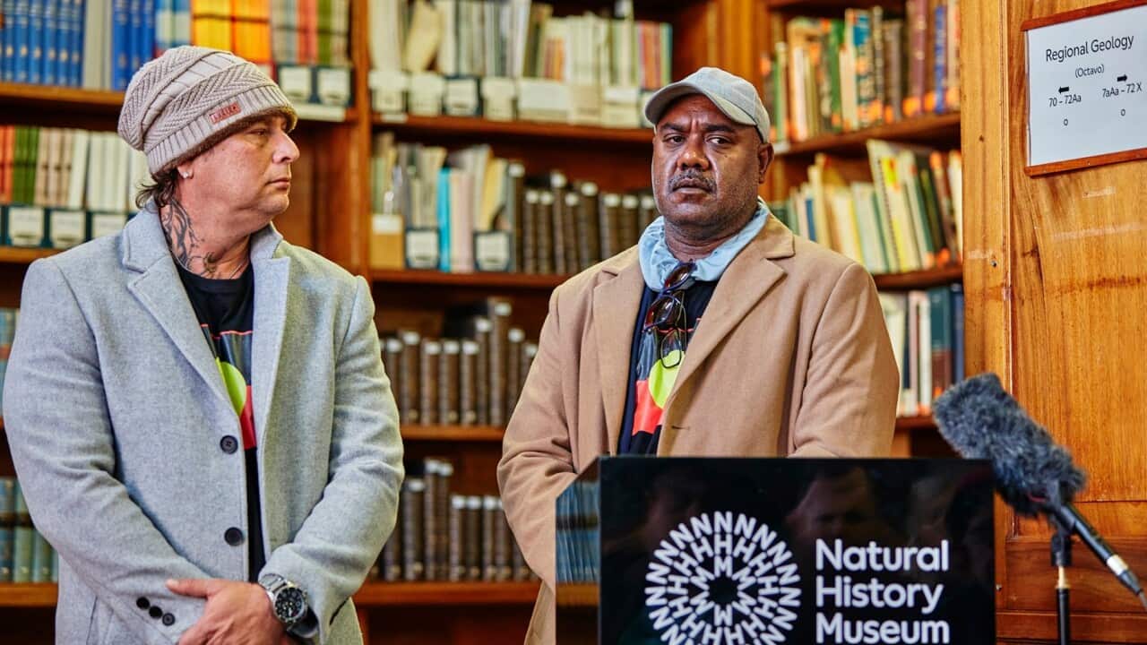 Keron Murray (left) and Smithy Wilson (right), Wuthathi Community Representatives at the Natural History Museum (Image Supplied, Trustees of Natural History Museum, London).jpg