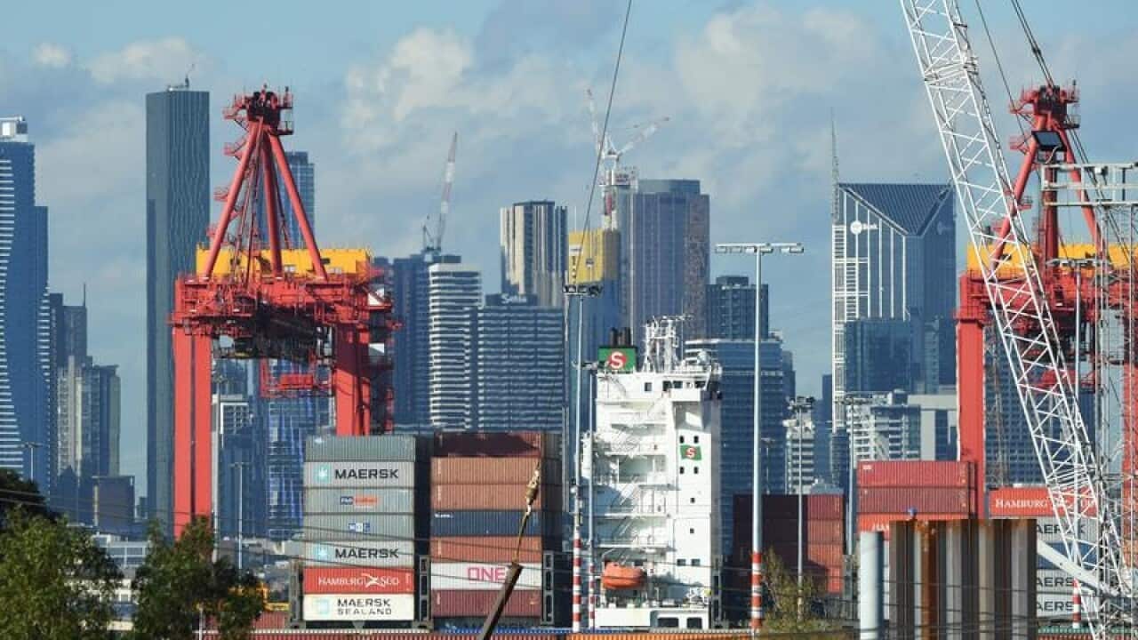 The Melbourne City skyline and the Port of Melbourne.