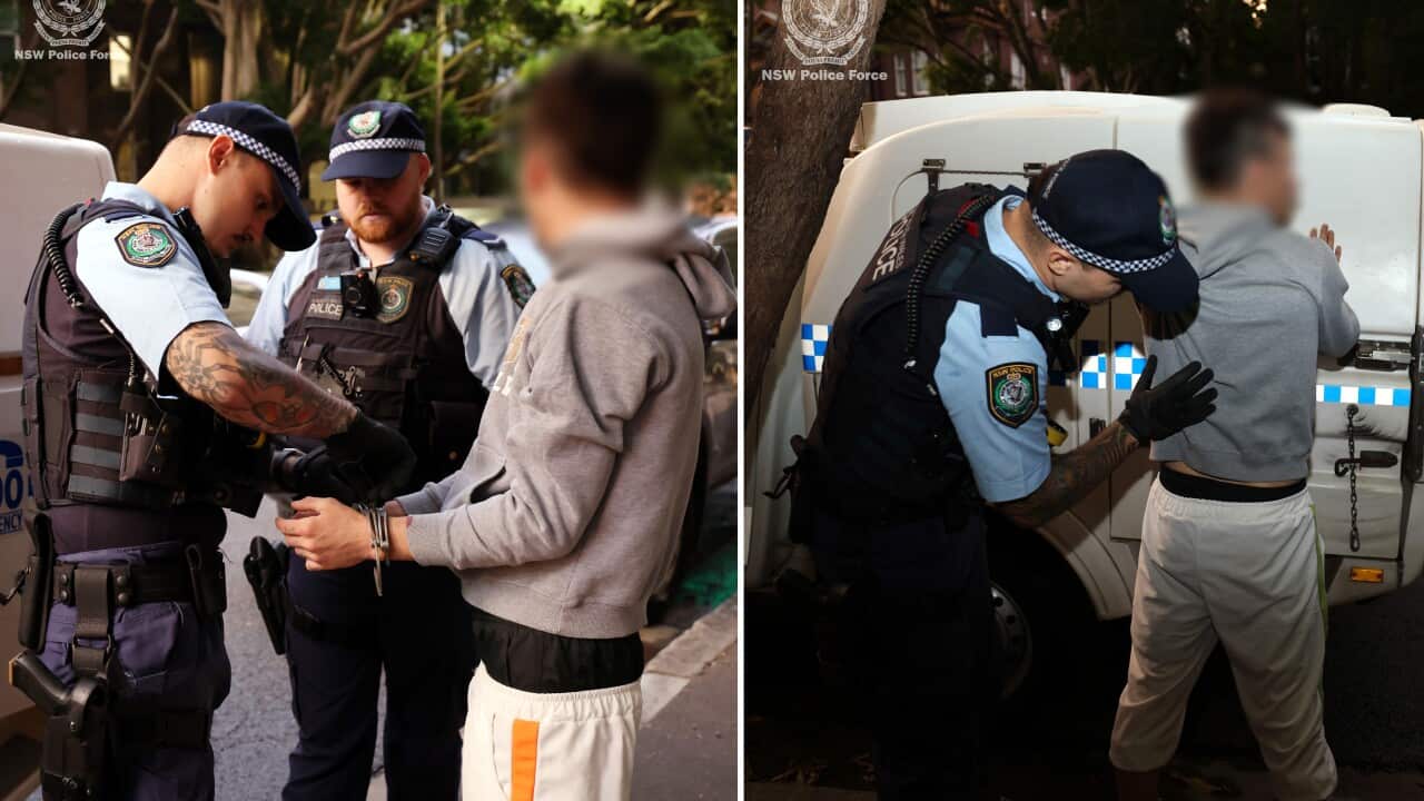 A composite image of two NSW Police officers arresting a man (left), and an officer searching a man (right), with both men's faces blurred.