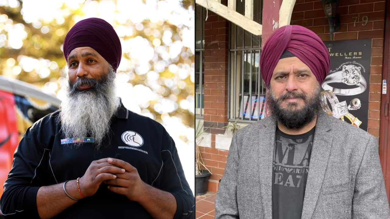 A composite image of two Sikh men. The man on the left has a long grey beard and is wearing a dark turban and a black polo shirt with a logo, while the man on the right has a short beard and is wearing a dark turban and a grey blazer over a black shirt with a logo.