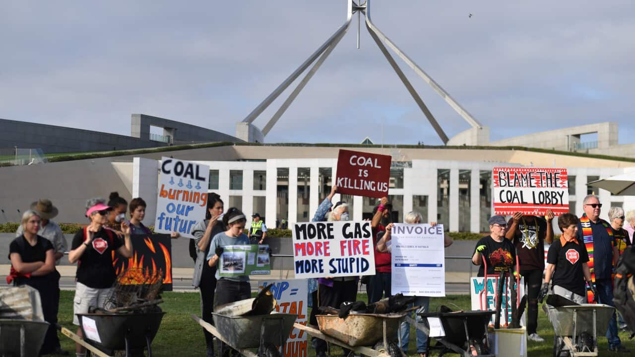 Bushfire survivors outside Parliament House in Canberra